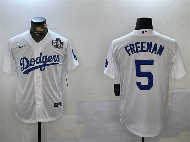 Mens Los Angeles Dodgers #5 Freddie Freeman White 2024 World Series Cool Base Stitched Baseball Jersey